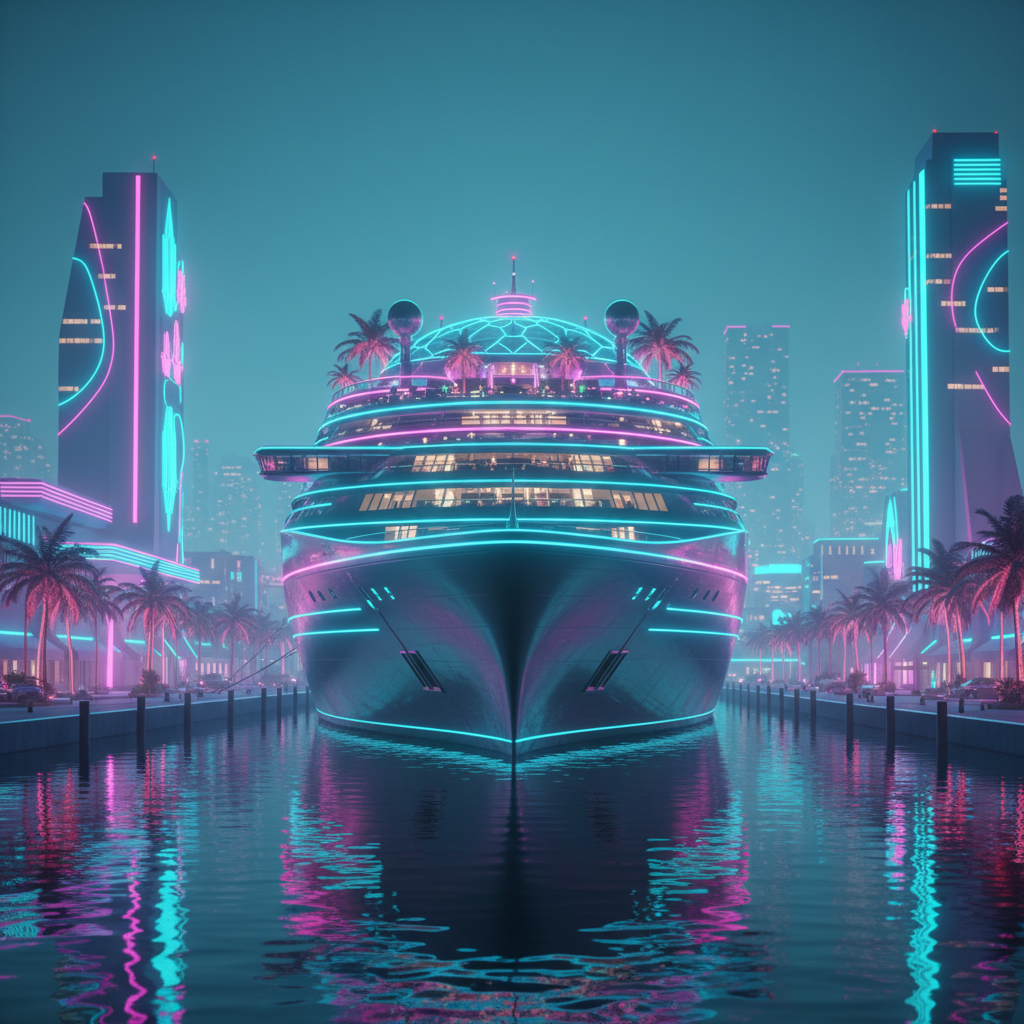The $CRUISESHIP mega cruise ship glowing in neon at the Vice City port